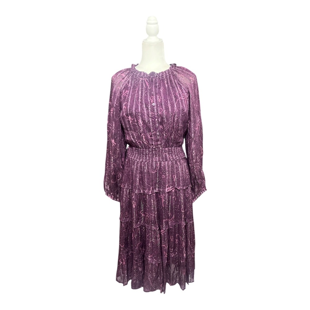 Wonderly Midi Dress PS Petite Small Paisley Metallic Tiered Smocked Boho